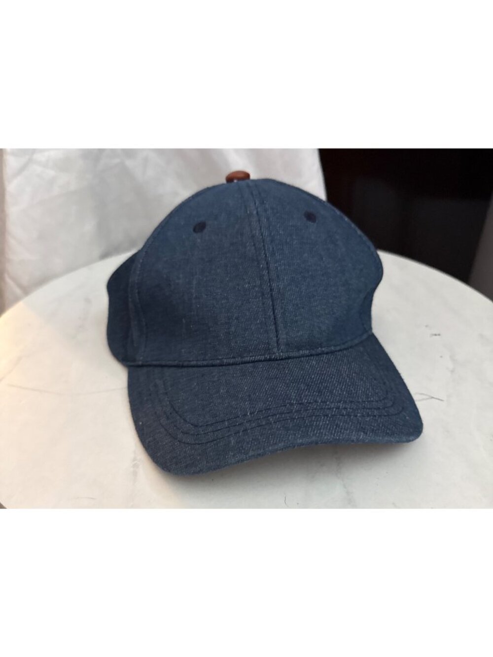 Denim Blue Adjustable Baseball Cap With Brown Accents And Inner Liner